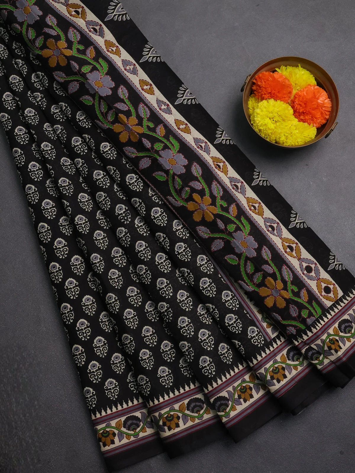 Muslin Cotton Saree - Black and Beige